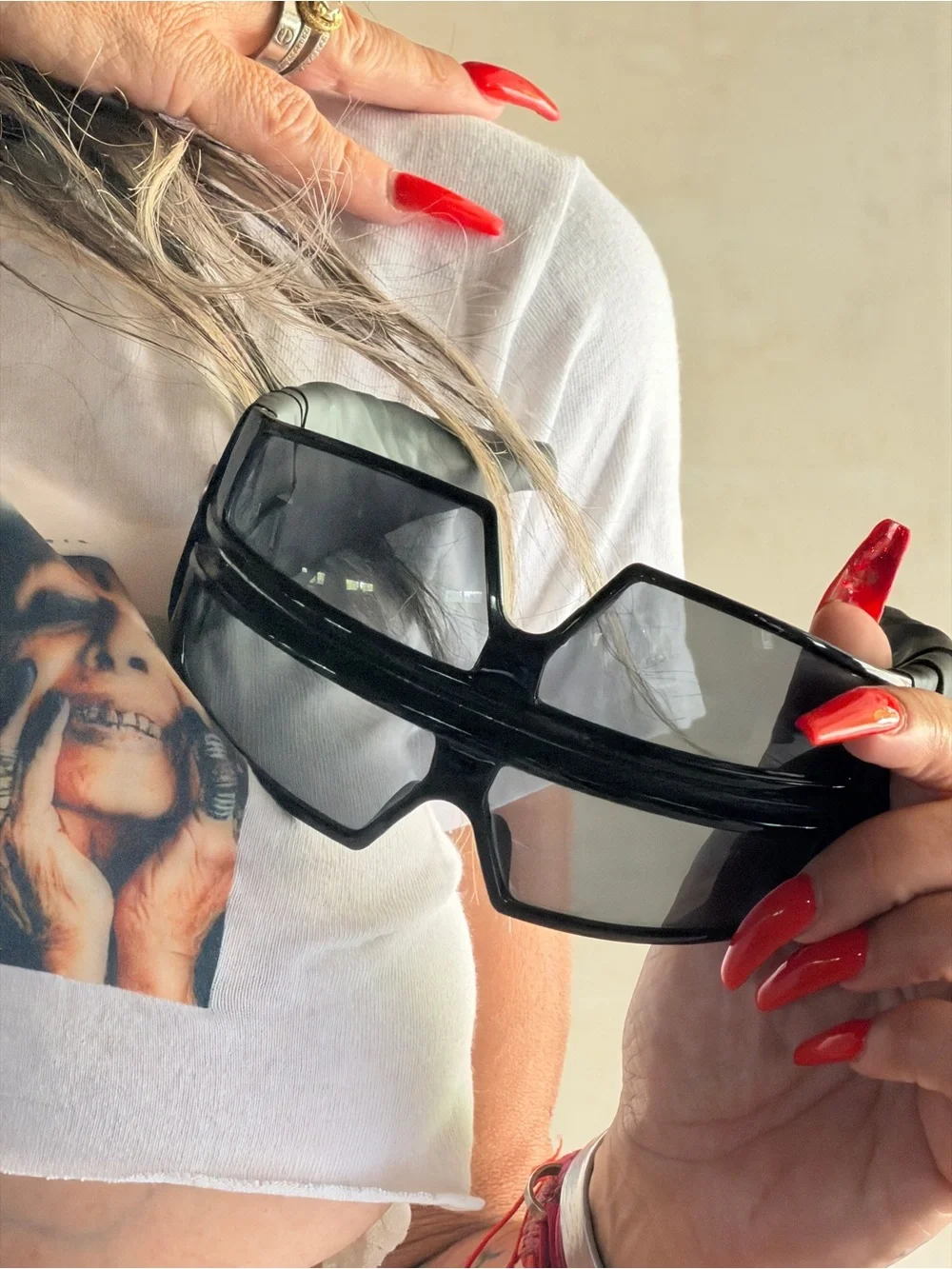 Double stack -Sleek Black Shield Sunglasses — Women’s Modern Wrap Style